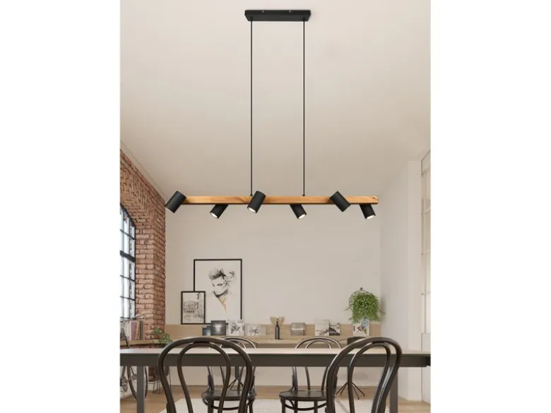 LED Holzbalken Pendelleuchte 6-flammig lang Schwarz, Breite 115cm