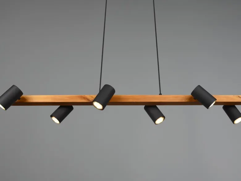 LED Holzbalken Pendelleuchte 6-flammig lang Schwarz, Breite 115cm