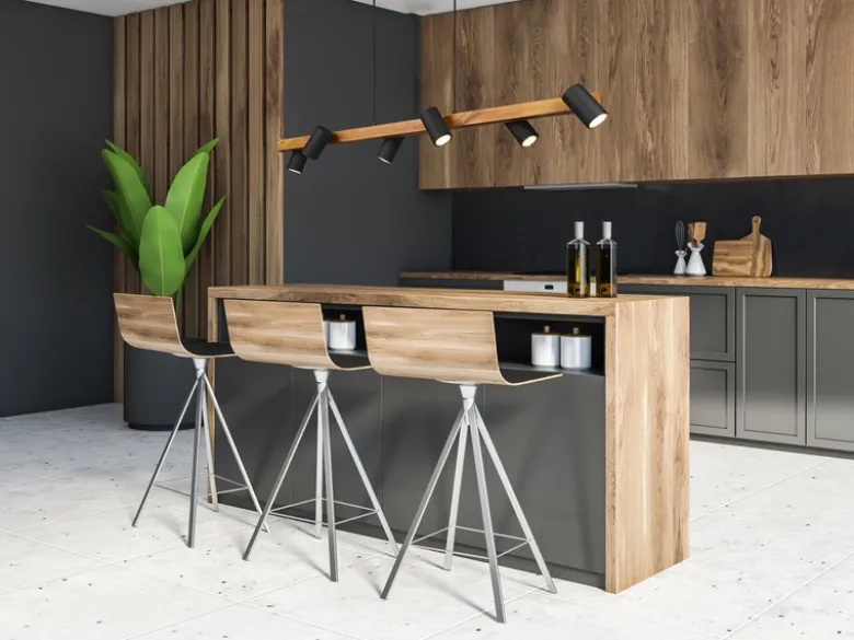 LED Holzbalken Pendelleuchte 6-flammig lang Schwarz, Breite 115cm