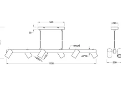 LED Holzbalken Pendelleuchte 6-flammig lang Schwarz, Breite 115cm