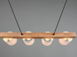 LED Holzbalken Pendelleuchte 4-flammig, Stoff Lampenschirme Weiß, B: 75cm