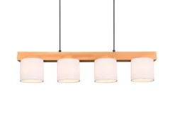 LED Holzbalken Pendelleuchte 4-flammig, Stoff Lampenschirme Weiß, B: 75cm