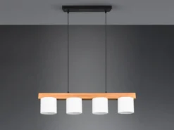 LED Holzbalken Pendelleuchte 4-flammig, Stoff Lampenschirme Weiß, B: 75cm