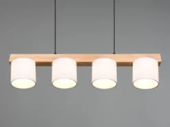 LED Holzbalken Pendelleuchte 4-flammig, Stoff Lampenschirme Weiß, B: 75cm