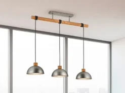 LED Holzbalken Pendelleuchte 3-flammig lang, Höhe 150 - 210cm, Breite: 107,5cm