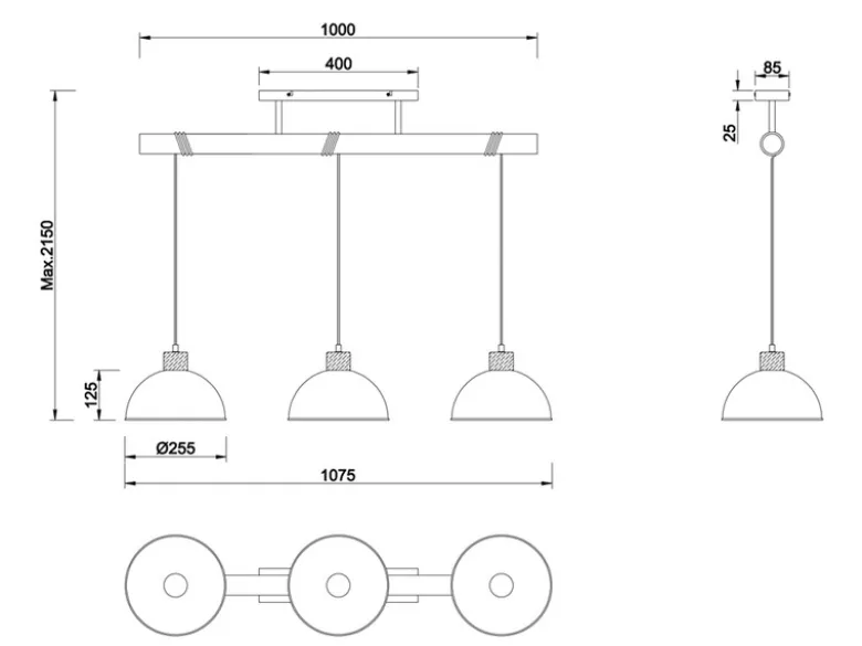 LED Holzbalken Pendelleuchte 3-flammig lang, Höhe 150 - 210cm, Breite: 107,5cm