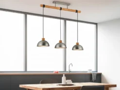 LED Holzbalken Pendelleuchte 3-flammig lang, Höhe 150 - 210cm, Breite: 107,5cm