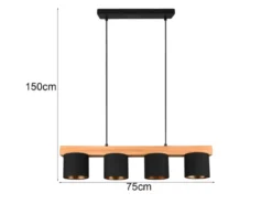 LED Holzbalken Pendelleuchte 4-flammig Stoffschirme Schwarz Gold, B: 75cm