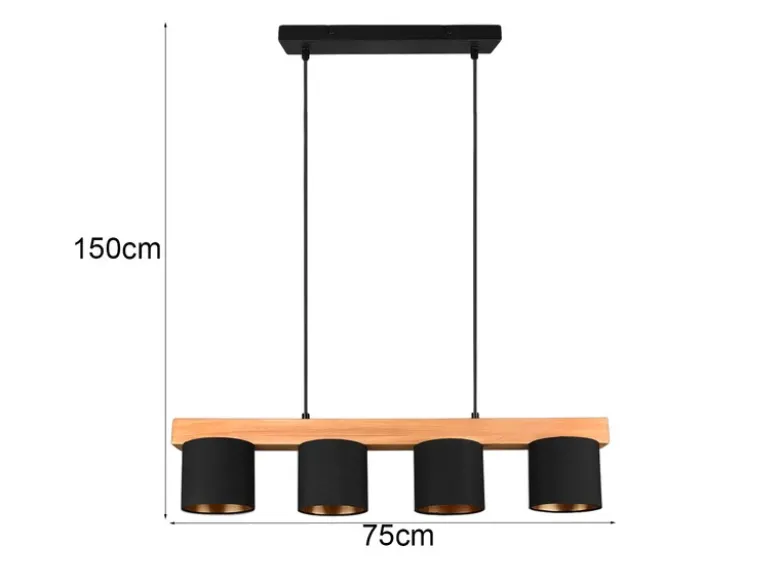 LED Holzbalken Pendelleuchte 4-flammig Stoffschirme Schwarz Gold, B: 75cm