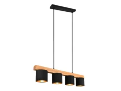 LED Holzbalken Pendelleuchte 4-flammig Stoffschirme Schwarz Gold, B: 75cm