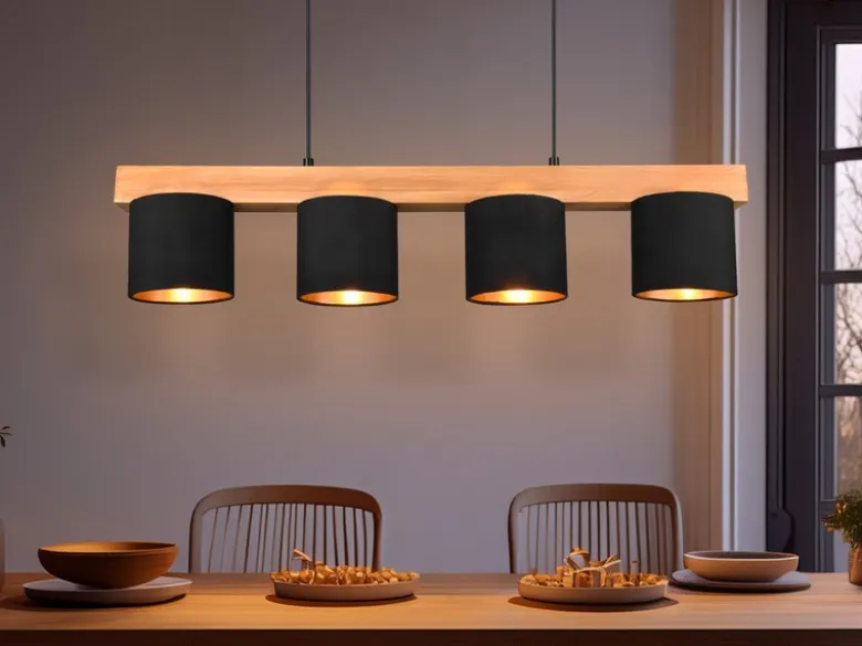 LED Holzbalken Pendelleuchte 4-flammig Stoffschirme Schwarz Gold, B: 75cm