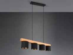 LED Holzbalken Pendelleuchte 4-flammig Stoffschirme Schwarz Gold, B: 75cm