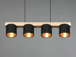 LED Holzbalken Pendelleuchte 4-flammig Stoffschirme Schwarz Gold, B: 75cm