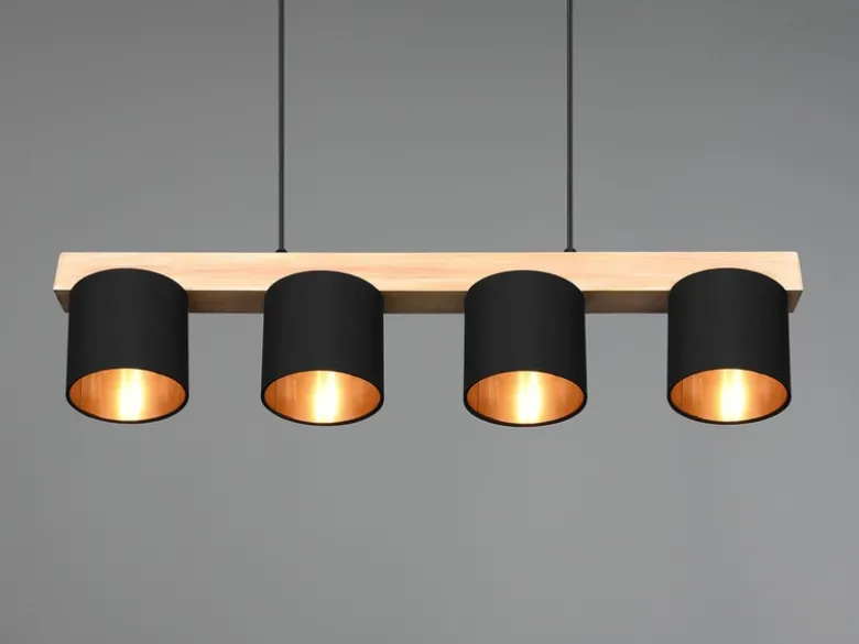 LED Holzbalken Pendelleuchte 4-flammig Stoffschirme Schwarz Gold, B: 75cm