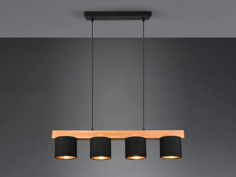 LED Holzbalken Pendelleuchte 4-flammig Stoffschirme Schwarz Gold, B: 75cm