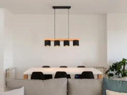 LED Holzbalken Pendelleuchte 4-flammig Stoffschirme Schwarz Gold, B: 75cm