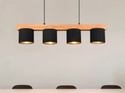 LED Holzbalken Pendelleuchte 4-flammig Stoffschirme Schwarz Gold, B: 75cm