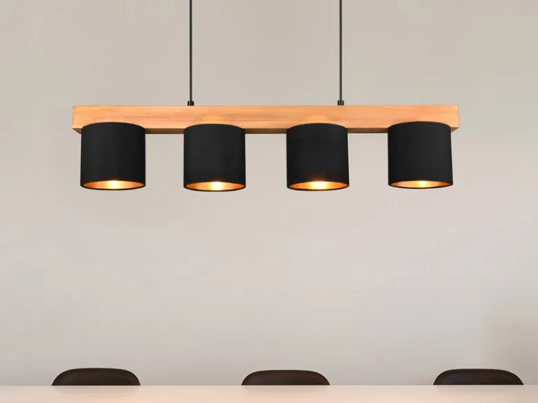 LED Holzbalken Pendelleuchte 4-flammig Stoffschirme Schwarz Gold, B: 75cm
