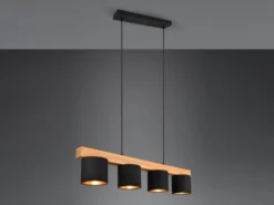 LED Holzbalken Pendelleuchte 4-flammig Stoffschirme Schwarz Gold, B: 75cm