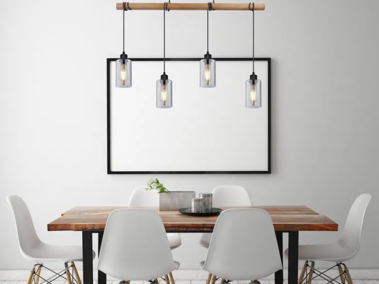 LED Holzbalken Pendelleuchte mit 4 Rauchglas Lampenschirmen, Breite 98cm