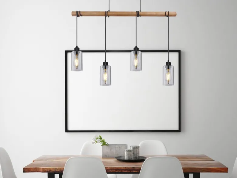 LED Holzbalken Pendelleuchte mit 4 Rauchglas Lampenschirmen, Breite 98cm