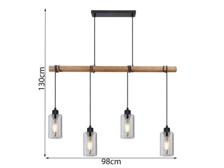 LED Holzbalken Pendelleuchte mit 4 Rauchglas Lampenschirmen, Breite 98cm
