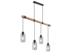 LED Holzbalken Pendelleuchte mit 4 Rauchglas Lampenschirmen, Breite 98cm