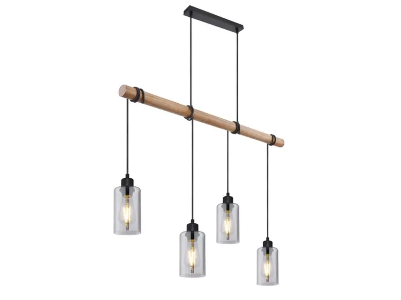 LED Holzbalken Pendelleuchte mit 4 Rauchglas Lampenschirmen, Breite 98cm