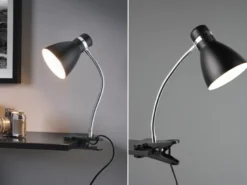 LED Klemmleuchte flexibel, Chrom & Metallschirm Schwarz, 36cm