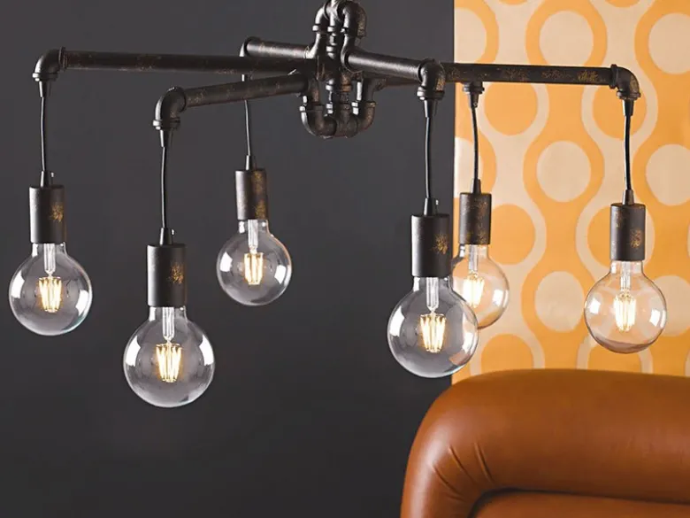 LED Kronleuchter 6-flammig Rostoptik, Wasserrohr Industrial, Ø 72cm