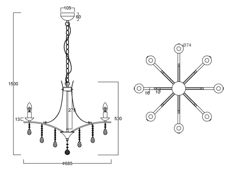 LED Kronleuchter Lüster Silber mit Kristallbehang, 8-flammig Ø 68cm