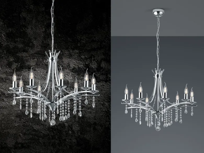 LED Kronleuchter Lüster Silber mit Kristallbehang, 8-flammig Ø 68cm