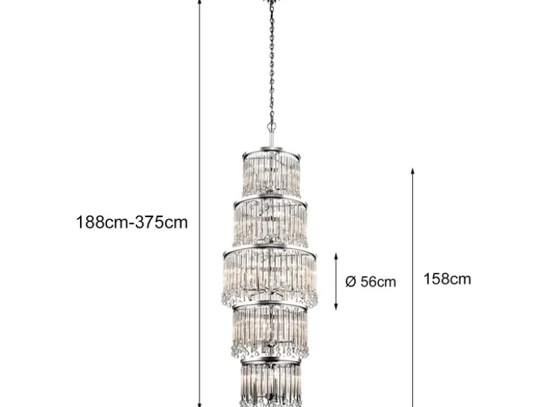 LED Kronleuchter mehrflammig mit filigranem Kristall Glas, Chrom, bis 3,75m lang