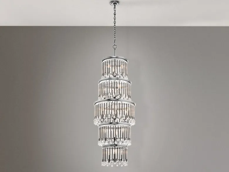 LED Kronleuchter mehrflammig mit filigranem Kristall Glas, Chrom, bis 3,75m lang