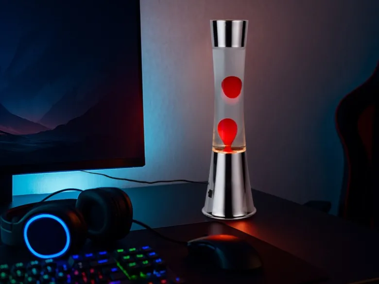 LED Lavalampe ETNA im 90er Jahre Design, Silber mit roter Lava, Höhe 39,5cm