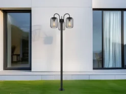 LED Mastleuchte 3-flammig aus Edelstahl Gitterschirme Schwarz, Höhe 180cm