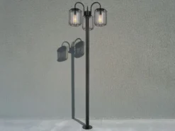 LED Mastleuchte 3-flammig aus Edelstahl Gitterschirme Schwarz, Höhe 180cm