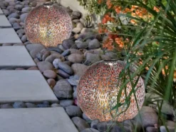 LED Metall Solarkugeln 2er Set Ø 27cm mit Erdspieß, Silber Antik
