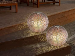 LED Metall Solarkugeln 2er Set Ø 27cm mit Erdspieß, Silber Antik