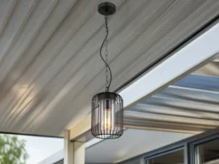 LED Outdoor Hängeleuchte mit Gitterschirm aus schwarzem Edelstahl, Höhe 75,5cm