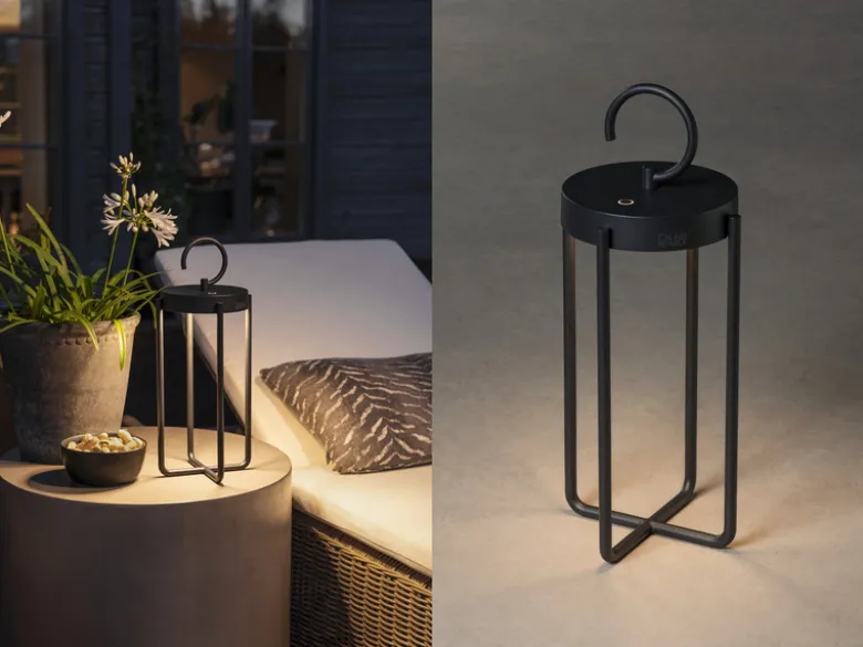 LED Outdoor Laterne MANOROLA USB aufladbar für Boden & Tisch, Schwarz Höhe 39cm