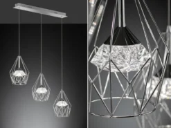 LED Pendelleuchte AMY 3-flammig mit Gitter Lampenschirmen Silber, Breite 76cm