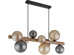 LED Pendelleuchte aus Holz 9-flammig Glaskugeln Rauchglas & Bernstein, B: 78cm