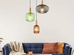 LED Pendelleuchte aus Rillenglas bunt mit 3 Glasschirmen, Ø 55cm