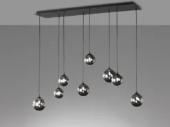 LED Pendelleuchte BALA 8-flammig Schwarz mit Rauchglas Kugeln, Breite 115cm