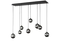 LED Pendelleuchte BALA 8-flammig Schwarz mit Rauchglas Kugeln, Breite 115cm