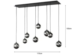 LED Pendelleuchte BALA 8-flammig Schwarz mit Rauchglas Kugeln, Breite 115cm