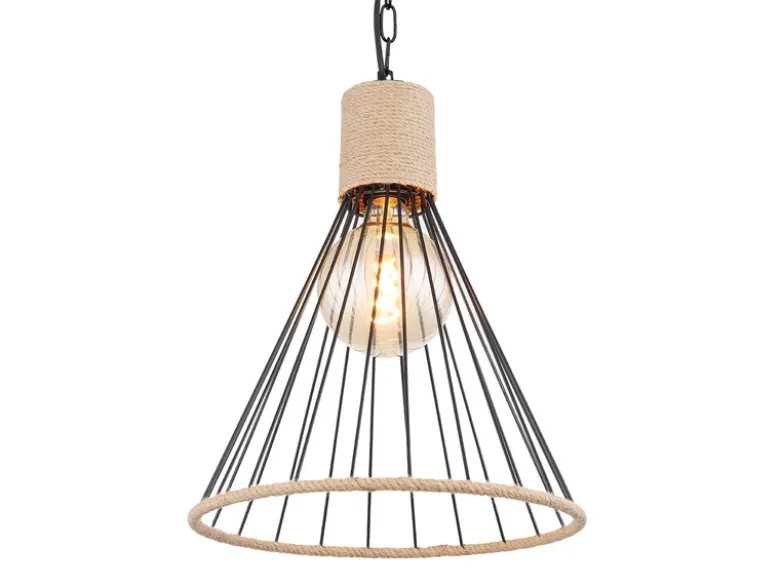 LED Pendelleuchte Drahtlampe Metall Schwarz mit Hanfseil, Ø 35cm