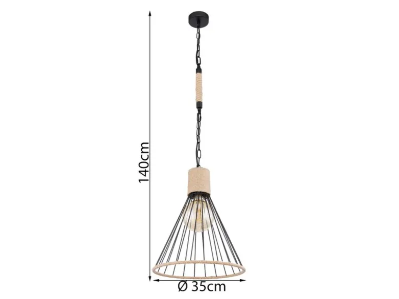 LED Pendelleuchte Drahtlampe Metall Schwarz mit Hanfseil, Ø 35cm