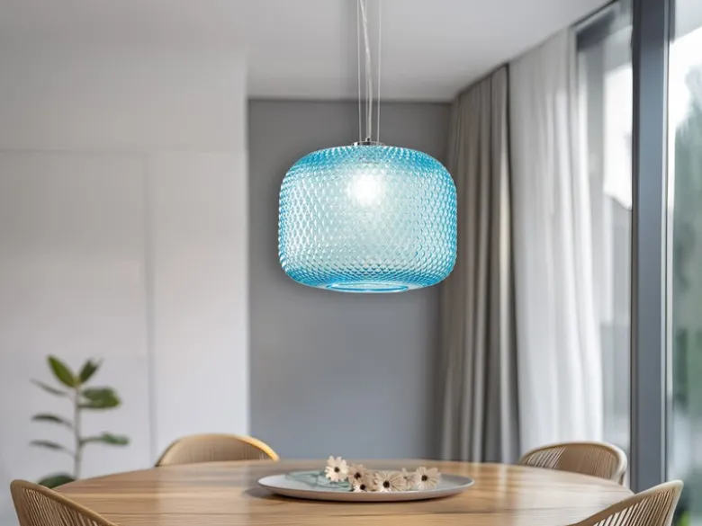LED Pendelleuchte einflammig Kristall Glasschirm in Blau, Ø 40cm